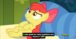 Size: 1600x830 | Tagged: safe, screencap, apple bloom, earth pony, pony, bloom & gloom, g4, my little pony: friendship is magic, female, great depression, meme, solo, youtube caption