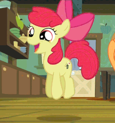 Size: 508x540 | Tagged: safe, screencap, apple bloom, applejack, earth pony, pony, bloom & gloom, g4, adorabloom, animated, cute, female, filly, happy, jumping, loop, mare, open mouth, pronking, smiling, solo focus