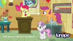 Size: 1280x715 | Tagged: safe, edit, edited screencap, screencap, apple bloom, princess luna, scootaloo, sweetie belle, earth pony, pegasus, pony, unicorn, bloom & gloom, g4, balloon rainbow dash, cutie mark crusaders, female, filly, foal, logo, nyan dash, rainbow dash poster, skype, trio