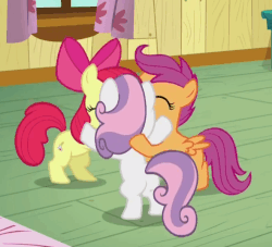Size: 660x600 | Tagged: safe, screencap, apple bloom, scootaloo, sweetie belle, earth pony, pegasus, pony, unicorn, bloom & gloom, g4, season 5, animated, best friends, cutie mark crusaders, eyes closed, female, filly, gif, group hug, jumping