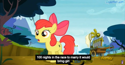 Size: 1600x830 | Tagged: safe, screencap, apple bloom, earth pony, pony, bloom & gloom, g4, my little pony: friendship is magic, female, meme, pest control gear, solo, youtube caption