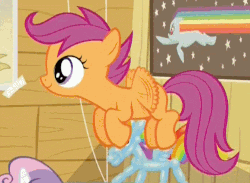 Size: 578x423 | Tagged: safe, edit, edited screencap, screencap, scootaloo, pegasus, pony, unicorn, bloom and gloom, animated, balloon rainbow dash, blank flank, cute, cutealoo, female, filly, flapping, flapping wings, flying, foal, loop, lucid dreaming, nyan dash, poster, scootaloo can fly, smiling, wings
