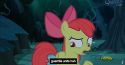 Size: 1600x830 | Tagged: safe, screencap, apple bloom, earth pony, pony, bloom & gloom, g4, my little pony: friendship is magic, female, meme, solo, youtube caption