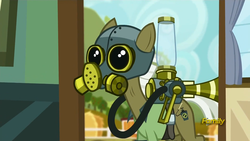 Size: 1920x1080 | Tagged: safe, screencap, max raid, earth pony, pony, bloom & gloom, g4, my little pony: friendship is magic, gas mask, male, pest control pony, solo, stallion