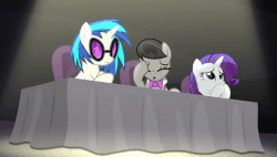 Size: 944x537 | Tagged: safe, screencap, dj pon-3, octavia melody, rarity, vinyl scratch, bloom & gloom, g4, animated, disappointed, disapproval, facehoof, fail, female, reaction image, vinyl and octavia are not impressed, we were trolled