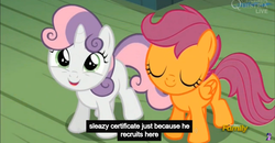 Size: 1600x830 | Tagged: safe, screencap, scootaloo, sweetie belle, bloom & gloom, g4, meme, youtube caption