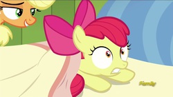 Size: 2880x1622 | Tagged: safe, screencap, apple bloom, applejack, bloom & gloom, g4, out of context