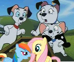 Size: 419x348 | Tagged: safe, artist:fapingmulan, fluttershy, rainbow dash, dalmatian, pegasus, pony, g4, 101 dalmatians, cadpig, crossover, lucky, two tone