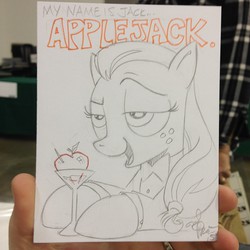 Size: 640x640 | Tagged: safe, artist:andy price, applejack, g4, appletini, female, james bond, parody, solo, traditional art