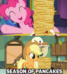 Size: 633x702 | Tagged: safe, edit, screencap, applejack, pinkie pie, bloom & gloom, castle sweet castle, g4, caption, image macro, pancakes