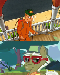 Size: 414x524 | Tagged: safe, edit, edited screencap, screencap, max raid, earth pony, human, pony, bloom & gloom, g4, cigarette, comparison, cropped, dale gribble, duo, exterminator, glasses, king of the hill, male, pest control pony, smoking