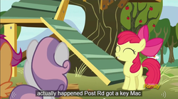 Size: 855x474 | Tagged: safe, screencap, apple bloom, sweetie belle, bloom & gloom, g4, meme, youtube caption