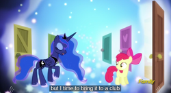 Size: 842x463 | Tagged: safe, screencap, apple bloom, princess luna, alicorn, earth pony, bloom & gloom, g4, my little pony: friendship is magic, club, dream walker luna, duo, meme, youtube caption