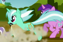 Size: 720x481 | Tagged: safe, screencap, amethyst star, lyra heartstrings, sparkler, bloom & gloom, g4, my little pony: friendship is magic, bag, female, mouth hold, running, solo focus, wrong eye color