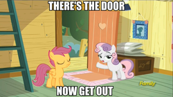 Size: 960x538 | Tagged: safe, edit, edited screencap, screencap, scootaloo, sweetie belle, pegasus, pony, unicorn, bloom & gloom, g4, caption, door, duo, female, filly, foal, get out, image macro, meme, reaction image