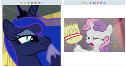 Size: 513x275 | Tagged: safe, princess luna, sweetie belle, derpibooru, bloom & gloom, g4, my little pony: friendship is magic, exploitable meme, juxtaposition, juxtaposition win, meme, meta, mop