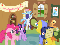 Size: 1600x1200 | Tagged: safe, artist:tanmansmantan, applejack, fluttershy, pinkie pie, rainbow dash, rarity, twilight sparkle, alicorn, earth pony, pegasus, pony, unicorn, g4, butt, catering, domino's, domino's pizza, dominos, female, group, intervention, mare, one eye closed, pizza, plot, scrunchy face, that pony sure does love pizza, twilight sparkle (alicorn)