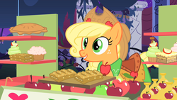 Size: 1280x720 | Tagged: safe, screencap, applejack, earth pony, pony, g4, the best night ever, apple, apple pie, clothes, dress, female, food, gala dress, pie, smiling, solo