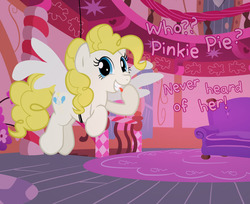 Size: 1280x1046 | Tagged: safe, artist:surgicalarts, pinkie pie, surprise, g4, fake wings, female, solo, sugarcube corner