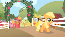 Size: 1148x648 | Tagged: safe, screencap, applejack, big macintosh, granny smith, earth pony, pony, g4, my little pony: friendship is magic, the cutie mark chronicles, colt, filly, male, stallion, younger