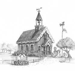 Size: 1100x1037 | Tagged: safe, artist:baron engel, g4, architecture, monochrome, pencil drawing, ponyville schoolhouse, scenery, school, topiary, traditional art