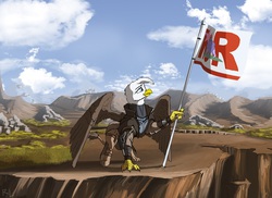 Size: 1280x932 | Tagged: dead source, safe, artist:lucky dragoness, oc, oc only, griffon, fallout equestria, explicit source, flag, flag waving, ncr, new california republic, new canterlot republic