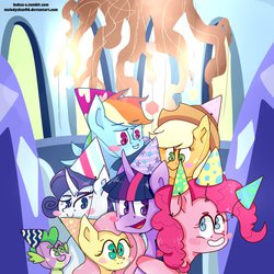 Size: 894x894 | Tagged: safe, artist:bukaa-a, applejack, fluttershy, pinkie pie, rainbow dash, rarity, spike, twilight sparkle, g4, blushing, hat, mane seven, mane six, party, party hat