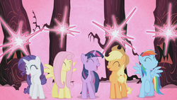 Size: 1280x720 | Tagged: safe, screencap, applejack, fluttershy, rainbow dash, rarity, twilight sparkle, unicorn, friendship is magic, g4, my little pony: friendship is magic, everfree forest, laughter song, tree, unicorn twilight