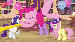 Size: 1280x720 | Tagged: safe, screencap, fluttershy, pinkie pie, twilight sparkle, alicorn, pony, daring don't, g4, balloon, cake, cupcake, female, hat, horn, jewelry, magic, mare, national random holiday party day, party, party hat, party horn, teacup, telekinesis, tiara, twilight sparkle (alicorn)