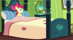 Size: 942x515 | Tagged: safe, screencap, apple bloom, bloom & gloom, g4, animated, bed, female, filly, frown, looking around, open mouth, sitting, solo