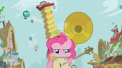 Size: 1280x720 | Tagged: safe, screencap, pinkie pie, parasprite, pony, g4, my little pony: friendship is magic, swarm of the century, accordion, banjo, female, harmonica, mare, musical instrument, solo, tambourine, tuba