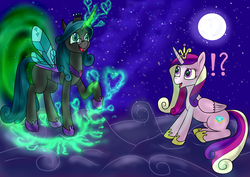 Size: 2387x1691 | Tagged: source needed, safe, artist:php101, princess cadance, queen chrysalis, alicorn, changeling, changeling queen, pony, g4, female, glowing horn, heart, horn, mirror universe, reversalis