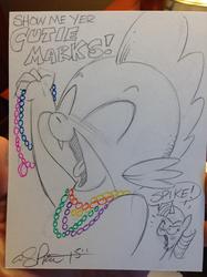 Size: 800x1067 | Tagged: safe, artist:andypriceart, spike, twilight sparkle, alicorn, pony, g4, andy you magnificent bastard, beads, eyes closed, female, glare, mardi gras, mare, open mouth, smiling, traditional art, twilight sparkle (alicorn), yelling