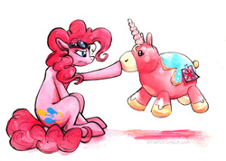 Size: 949x674 | Tagged: safe, artist:kenket, pinkie pie, twilight sparkle, earth pony, pony, g4, balloonicorn, boop, crossover, cutie mark, female, frown, goggles, mare, sitting, team fortress 2, traditional art, unamused