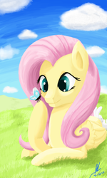 Size: 1080x1800 | Tagged: safe, artist:deviousshadow, angel bunny, fluttershy, butterfly, g4, cloud, cloudy, prone, sky