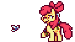 Size: 244x136 | Tagged: safe, artist:mrponiator, apple bloom, earth pony, pony, twittermite, bloom & gloom, g4, animated, bow, female, filly, hair bow, hoof hold, pest control gear, pixel art, raised hoof, season 5 pixel art, simple background, smiling, smirk, solo, that was fast, transparent background, twitbuster apple bloom