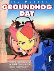 Size: 771x1028 | Tagged: safe, apple bloom, princess luna, bloom & gloom, g4, 1000 hours in ms paint, bad edit, groundhog day, movie poster, ms paint