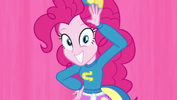 Size: 1920x1080 | Tagged: safe, screencap, pinkie pie, equestria girls, g4, clothes, collar, female, grin, hand on hip, pose, shirt, skirt, smiling, solo, teenager, uniform, wonderbolts uniform