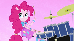 Size: 1280x714 | Tagged: safe, screencap, pinkie pie, human, equestria girls, g4, rainbow rocks, boots, clothes, cymbals, drum kit, drum set, drums, female, high heel boots, jacket, musical instrument, ponied up, pony ears, shirt, shoes, skirt, solo, vest