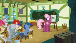 Size: 1280x720 | Tagged: safe, screencap, apple bloom, archer (character), cheerilee, scootablue, silver spoon, sweetie belle, twist, earth pony, pony, unicorn, call of the cutie, g4, classroom, female, filly, foal, mare, photo, ponyville schoolhouse, younger