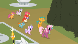 Size: 1280x720 | Tagged: safe, screencap, apple bloom, cheerilee, diamond tiara, scootaloo, silver spoon, snails, snips, sweetie belle, twist, g4, season 2, the return of harmony, canterlot hedge maze, canterlot sculpture garden, cutie mark crusaders, hedge maze, maze