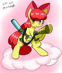 Size: 1023x1207 | Tagged: safe, artist:wonton soup, apple bloom, earth pony, pony, bloom & gloom, g4, bipedal, blushing, cloud, female, filly, on a cloud, pest control gear, smiling, solo, twitbuster apple bloom