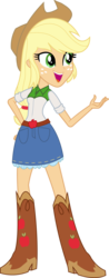 Size: 1108x2815 | Tagged: safe, artist:sugar-loop, applejack, equestria girls, g4, boots, clothes, cowboy boots, cowboy hat, denim skirt, female, freckles, hand on hip, hat, open mouth, shoes, simple background, skirt, solo, stetson, transparent background, vector