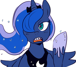 Size: 800x700 | Tagged: safe, artist:slowcoloringfag, princess luna, g4, braces, female, hair over one eye, looking at you, open mouth, solo