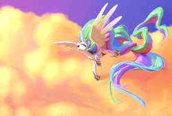 Size: 3048x2048 | Tagged: safe, artist:nadnerbd, princess celestia, alicorn, pony, g4, beautiful, celestia's crown, cloud, cute, cutelestia, eyes closed, female, flying, happy, high res, hoof shoes, impossibly long hair, impossibly long tail, large wings, long mane, majestic, mare, open mouth, peytral, princess shoes, simple background, sky, slender, solo, tail, teeth, thin, windswept mane, wings