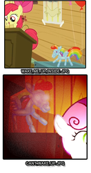 Size: 370x700 | Tagged: safe, apple bloom, sweetie belle, bloom & gloom, g4, balloon rainbow dash, bring me to life, evanescence, rainbow dash balloon