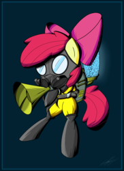 Size: 1606x2202 | Tagged: safe, artist:therandomjoyrider, apple bloom, bloom & gloom, g4, my little pony: friendship is magic, badass, badass adorable, cute, female, gas mask, pest control gear, solo, twitbuster apple bloom