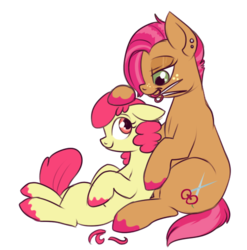 Size: 494x499 | Tagged: safe, artist:lulubell, apple bloom, babs seed, earth pony, pony, bloom and gloom, g4, alternate hairstyle, cute, ear piercing, floppy ears, haircut, mouth hold, piercing, scissors, simple background, sitting, smiling, transparent background