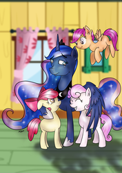 Size: 1024x1448 | Tagged: safe, artist:cwossie, apple bloom, princess luna, scootaloo, sweetie belle, bloom & gloom, g4, my little pony: friendship is magic, clubhouse, crusaders clubhouse, crying, cutie mark crusaders, tears of joy