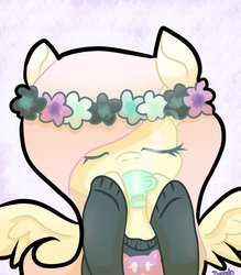 Size: 1024x1170 | Tagged: safe, artist:tuxisthename, fluttershy, g4, clothes, cup, cute, eyes closed, female, floral head wreath, pastel, shyabetes, solo, sweater, sweatershy